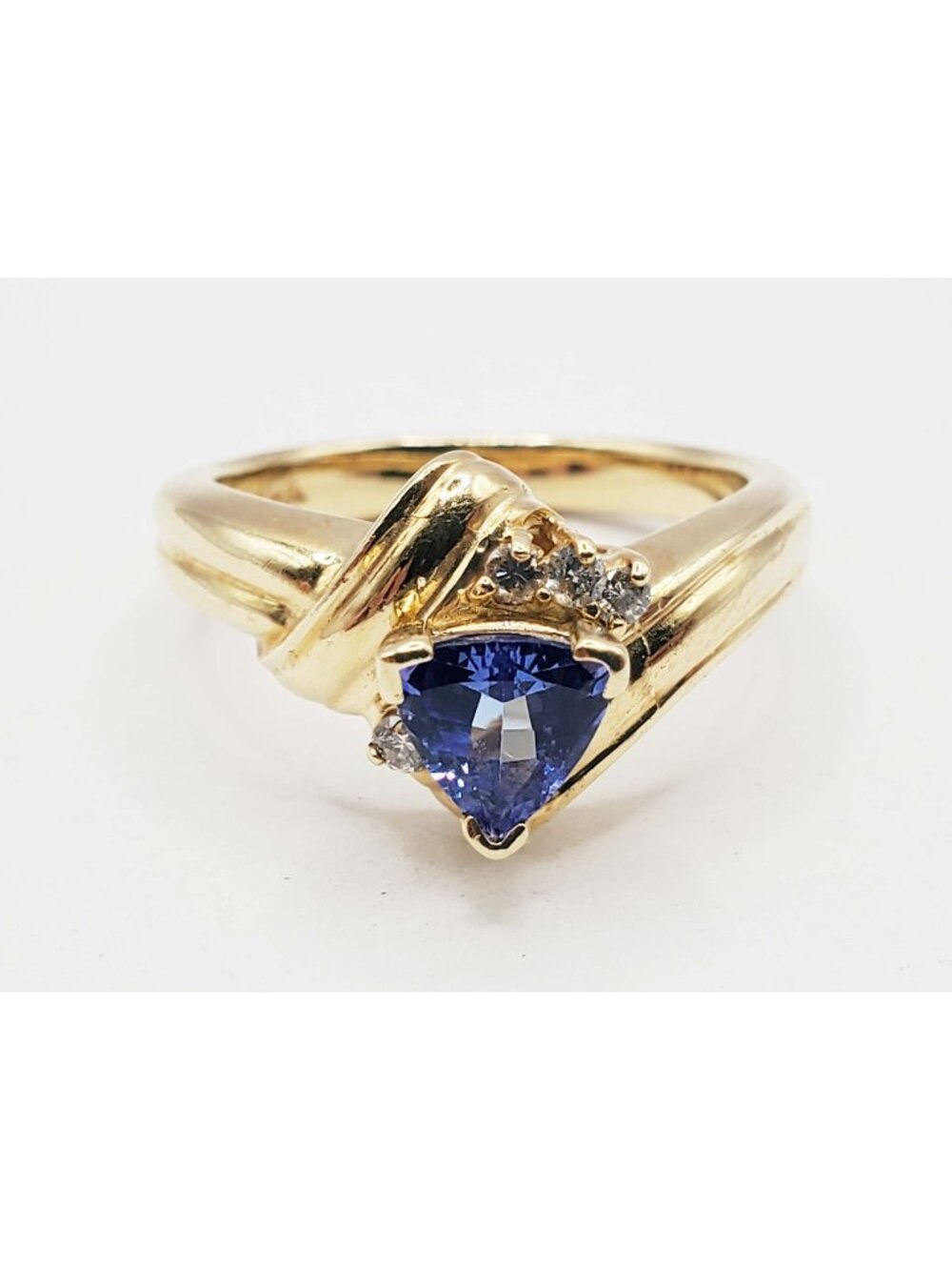 Trillion-Cut Tanzanite & Diamond Accent Bypass Style Ring 14k Gold Size 6